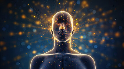 Human form surrounded by blue and gold particles of manifestation energy gathering around the head in space 