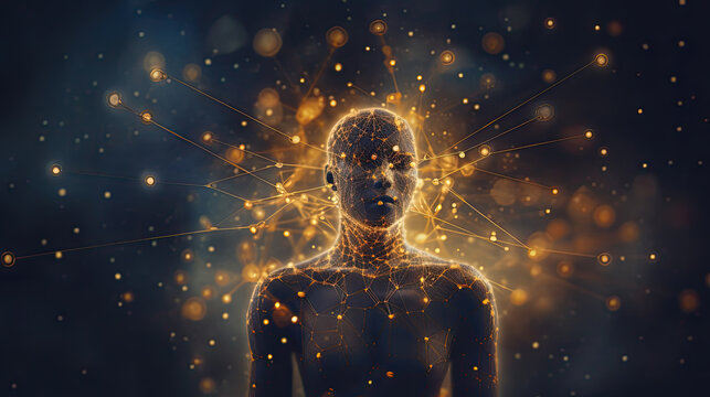 Human form surrounded by blue and gold particles of manifestation energy gathering around the head in space 