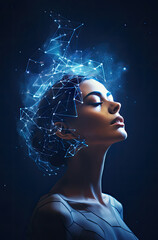 of  Meditating woman interacting with the quantum field particles and the gather around her head