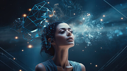 of  Meditating woman interacting with the quantum field particles and the gather around her head