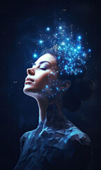 of  Meditating woman interacting with the quantum field particles and the gather around her head