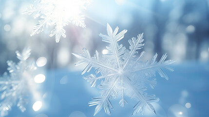 Fototapeta na wymiar Pure white snowflakes sparkling in the sunlight banner 