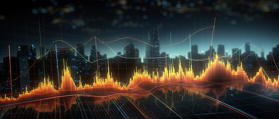 Ups and downs in high tech data colorful energy grids and bars over cityscape graphic banner