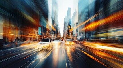 Fototapeta na wymiar Urban Symphony in Motion. Abstract Defocused Cityscape Capturing the Pulse of Rush Hour Speed