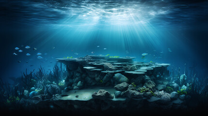 Underwater rocks illuminated by rays of light