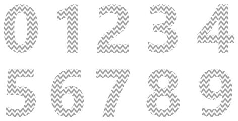 Set of black numbers isolated on white. Alphabet with numbers. Vector graphic elements for design. Lines, wavy lines