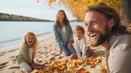 a family laughing exuberantly. A beautiful autumnal baltic beach in the background. sand and foliage is glowing golden. sunny autumn day in October. Natural, diffuse sunlight. movement. generative AI