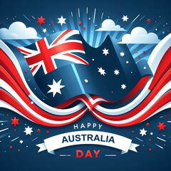 Happy Australia Day banner poster card Australia national flag theme red white curved lines and stars on a blue background Patriotic design template created with generative ai - obrazy, fototapety, plakaty