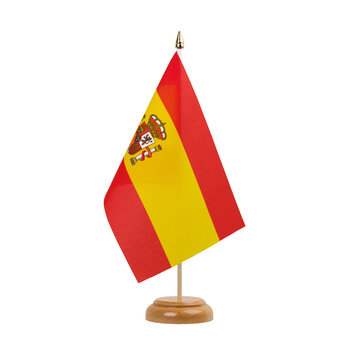 Spain with crest Flag, small wooden spanish table flag, isolated, alpha channel transparency, png