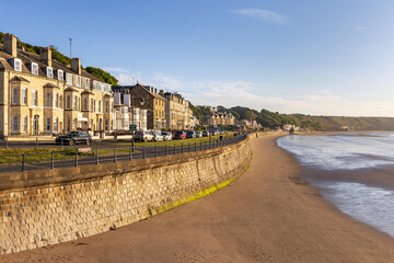 The beach and seafront of the seaside town of Filey on the Yorkshire coast. Taken on an early...