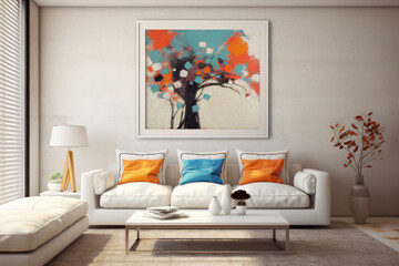 Bright living room with abstract painting on wall, sofa and table, white minimalist home or office interior. Modern design and decor. Concept of poster, art, Scandinavian style
