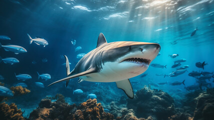 Great white shark and fish swim underwater above coral reefs, scary wild sea predator in blue...