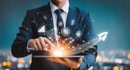 Startup concept with icon business and network connection on modern virtual interface from digital tablet.man touching on tablet.