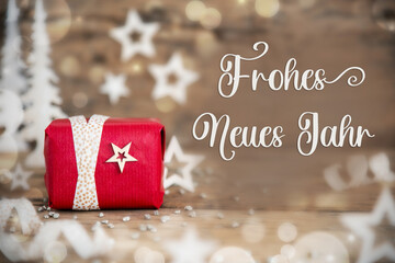 Text Frohes Neues Jahr, Means Happy New Year, With Christmas Gift, Winter Decor