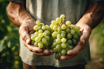 In a sunlit vineyard, A farmer holds in both hands a bunch of ripe, organic green grapes. - Powered by Adobe