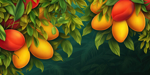 Mangoes hanging from a vibrant tree — ripe, tropical, and bursting with delicious freshness. Nature's luscious harvest.