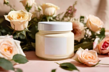 Mockup image of a natural herbal face cream jar surrounded by vibrant, fresh ingredients.