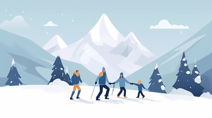 Happy Family enjoy skiing together in mountain resort.Winter family activity concept.Christmas Holidays Vacation. Vector Illustration. - obrazy, fototapety, plakaty