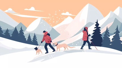 Happy Family enjoy skiing together in mountain resort.Winter family activity concept.Christmas Holidays Vacation. Vector Illustration.