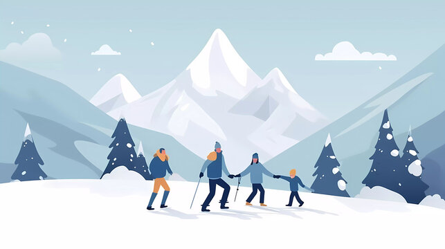 Happy Family enjoy skiing together in mountain resort.Winter family activity concept.Christmas Holidays Vacation. Vector Illustration.