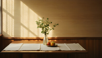 a table with a white tablecloth, next to a window with wooden borders