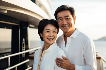 A happy couple, representing diverse backgrounds, enjoys a romantic summer vacation on a ship, embracing togetherness by the sea.