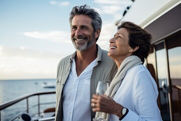 A happy senior couple enjoys a summer vacation, embracing love and togetherness on a yacht by the...
