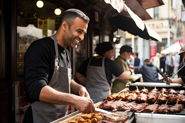 Happy and skilled butcher or meat seller in a small shop or market, wearing an apron and showcasing fresh and bbq meat.