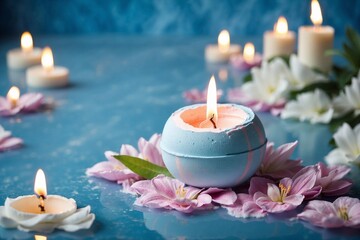 bath bombs with copy space for advertising banner, relaxation experience, spa still life with lily and candles, aromatherapy in pool, lotus treatment