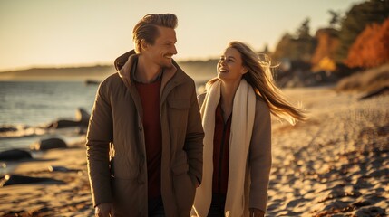 a lively couple, two people laughing exuberantly. A beautiful autumnal baltic beach in the background. sand is glowing golden. sunny autumn day in october. diffuse sunlight. generative AI - obrazy, fototapety, plakaty