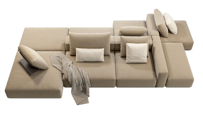 Modern beige fabric upholstery sofa with pillows and throw plaid. 3d render.