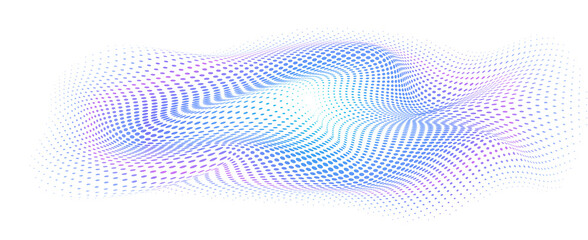 Warp of space. Abstract gradient halftone background. Twisted plane of dots on transparent background. Modern sample for presentations, web design on technological, information theme.