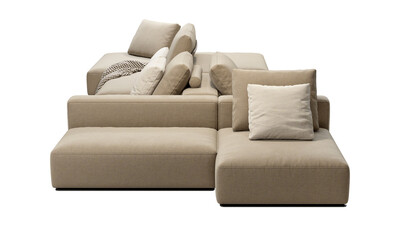 Modern beige fabric upholstery sofa with pillows and throw plaid. 3d render.