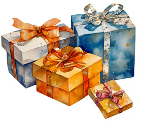 Watercolor illustration of gift boxes. Transparent background, png. Ai generated.