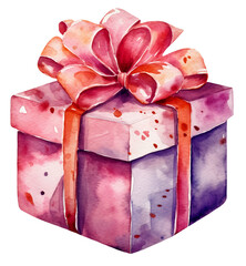 Watercolor illustration of a pink gift box. Transparent background, png. Ai generated.