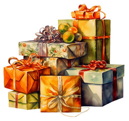 Watercolor illustration of gift boxes. Transparent background, png. Ai generated.