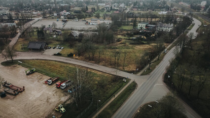 Industrial and urban City Skyline at Dusk with Aerial View of Buildings and Transportation