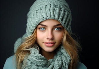 Woman dressed warmly in a woolen hat and scarf. Winter time. Studio photo. AI generated