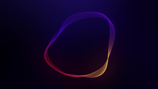 Dark background, colored shape for logo or text. An animated round neon shape consisting of bright chaotically flowing lines. Minimalist, clean modern frame. Pattern, rainbow lines. Template.