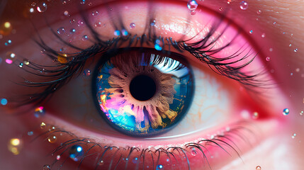 Multicolored human eye with colored drops on eyelashes, eye of the person, human eye close up, macro
