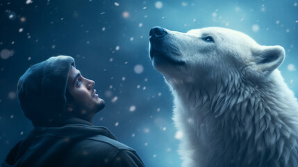 Generative AI image of a close up portrait of a roaring polar bear standing in the snow with a man