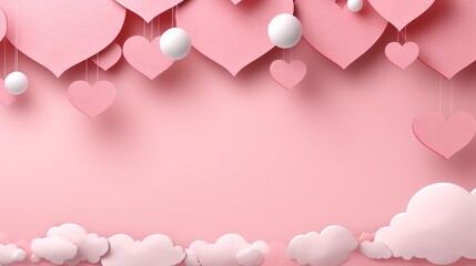 banner of sweet pink background consist two tone of realist heart shapes located beside paper in...