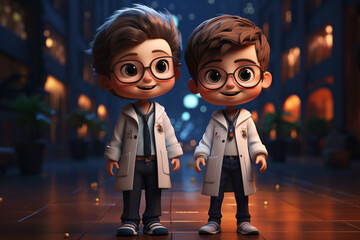 cute beautiful funny happy positive doctors nutce uniform medicine animated clinical work care stethoscope friendly smiling glasses treatment psychologist health. - obrazy, fototapety, plakaty
