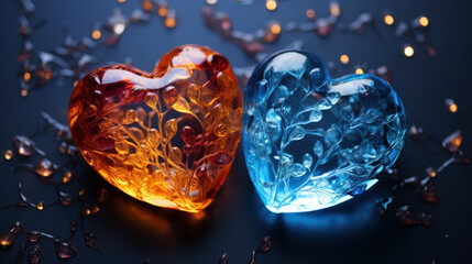 Two glowing gem stone hearts, love, passion concept