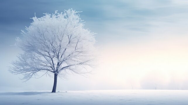 Generative AI image of a frozen tree in a snowy landscape