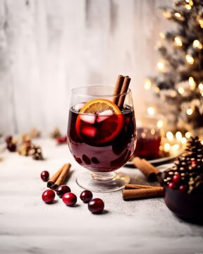 Generative AI image of a Christmas drink, red wine with cinnamon, dried fruits