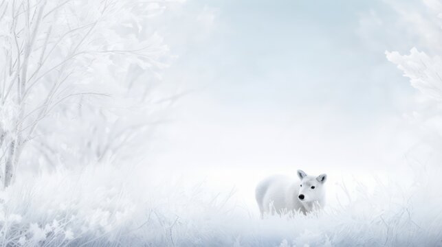 Generative AI image of a white wolf walking through a winter scene