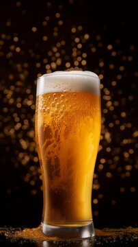 Generative AI image of a Close up of frothy golden beer in glass