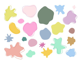 22 Modern liquid irregular blob shape abstract elements graphic flat style design fluid vector illustration set. Doodle drops with outline circle. Random shapes. Elements water forms. Png.