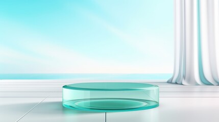 Elegant aqua colored glass podium with aqua blue background, Premium showcase mockup template for Beauty, Cosmetic, Luxury products, with copy space for text